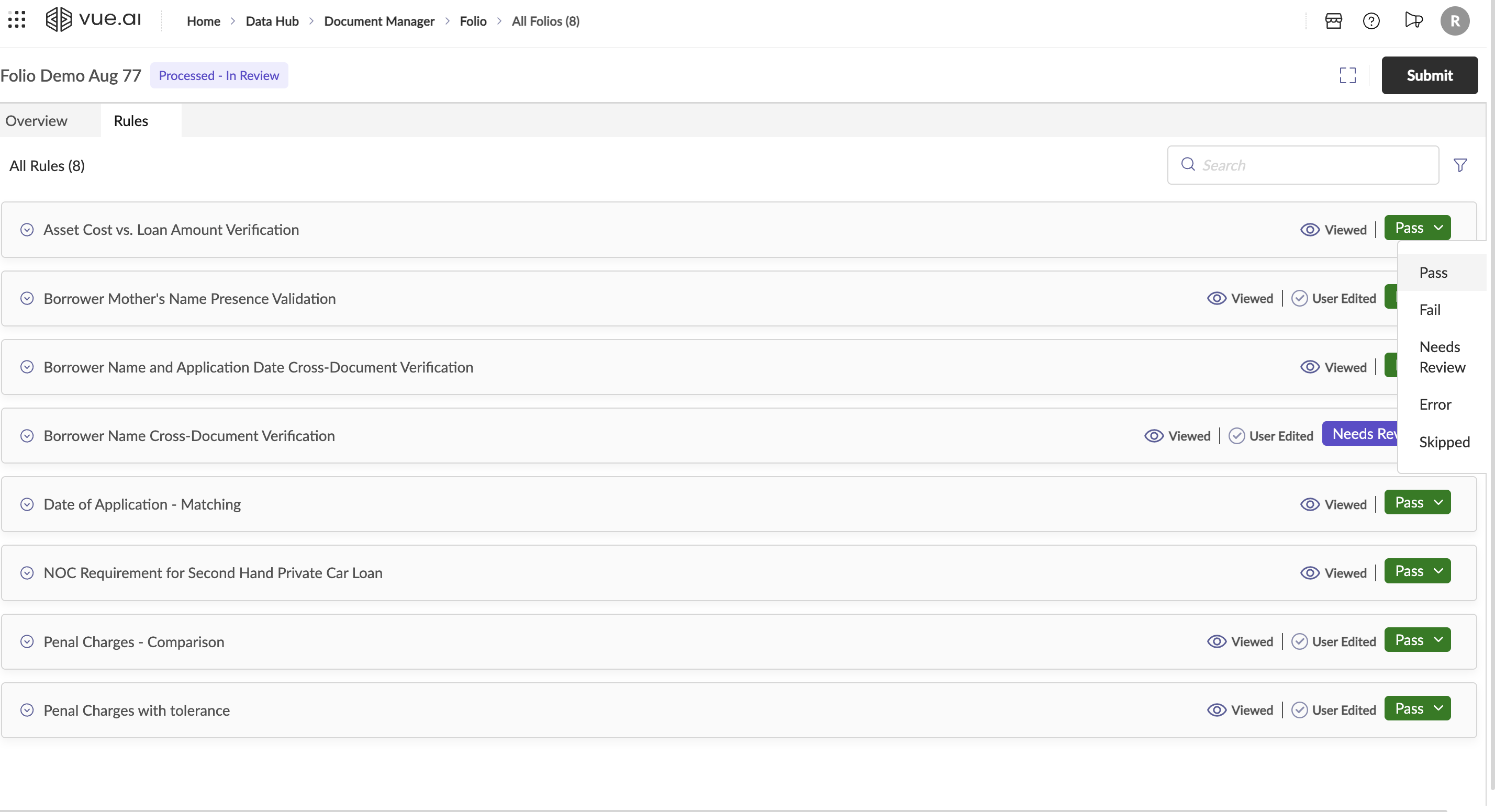 Folio all rules screen.