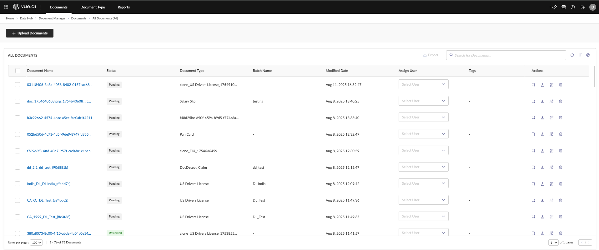 The Documents Hub listing all uploaded documents